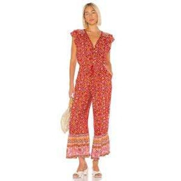 Spell & the Gypsy Collective Pants - Spell & the Gypsy Dahlia Jumpsuit Red Floral Sz L Boho Flutter Sleeve Festival